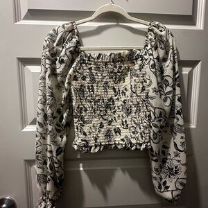 Elegant Floral Smocked Blouse - Black and Cream